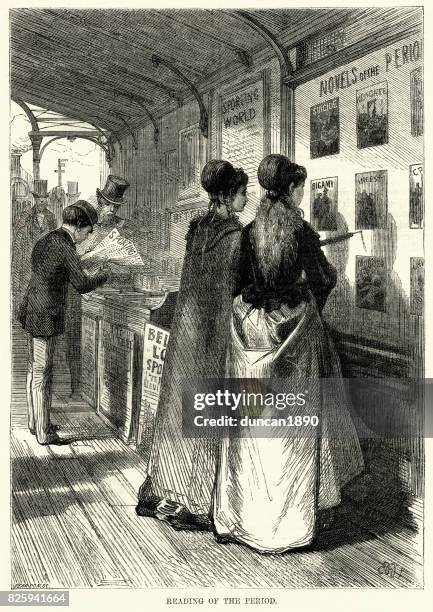 young victorian woman reading adverts for penny dreadful books - bookstand stock illustrations