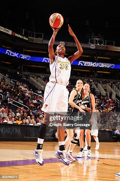 LaToya Pringle of the Phoenix Mercury shoots against the San Antonio Silver Stars on August 28 at U.S. Airways Center in Phoenix, Arizona. NOTE TO...