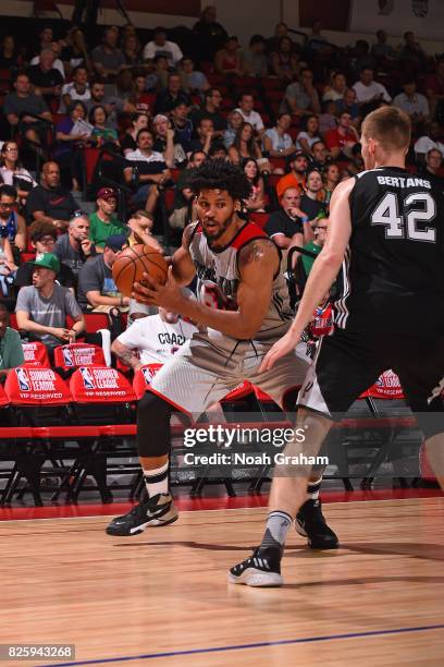 Keith Benson of the Portland Trail Blazers drives to the basket during the 2017 Las Vegas Summer League game against the San Antonio Spurs on July...