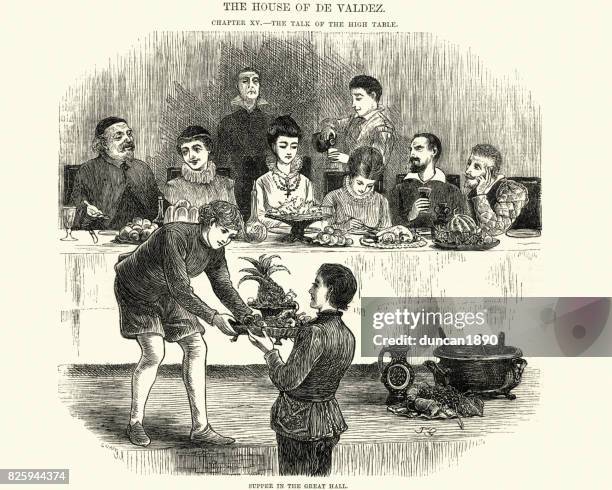 ilustraciones, imágenes clip art, dibujos animados e iconos de stock de cena en el gran hall, españa, siglo xvii - estilo siglo xvii