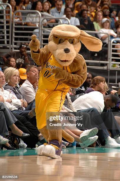 Sparky gestures during the game between the Sacramento Monarchs and the Los Angeles Sparks on August 28, 2008 at Staples Center in Los Angeles,...