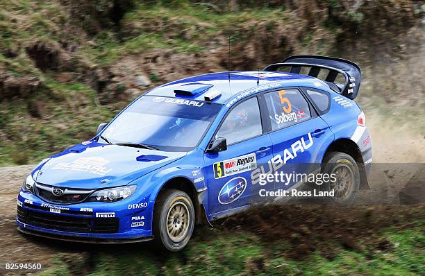 Petter Solberg of Norway and co-driver Philip Mills of Great Britain in action in their Subaru Impreza WRC 2008 during Special Stage-3 Pirongia West...