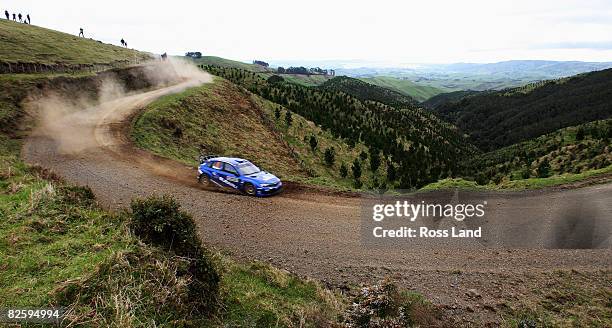 Chris Atkinson of Australia and co-driver Stephane Prevot of Belgium in action in their Subaru Impreza WRC 2008 during Special Stage-3 Pirongia West...