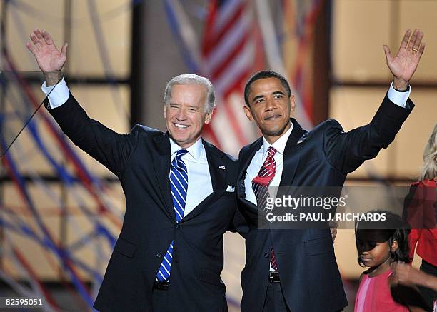 Democratic Presidential candidate Barack Obama and Vice Presidential candidate Joe Biden appear on stage at the end of the Democratic National...