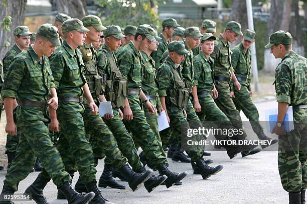 Russian soldiers march in the South Ossetian town of Tskhinvali on August 29, 2008. Russia will sign an agreement next week allowing it to set up...