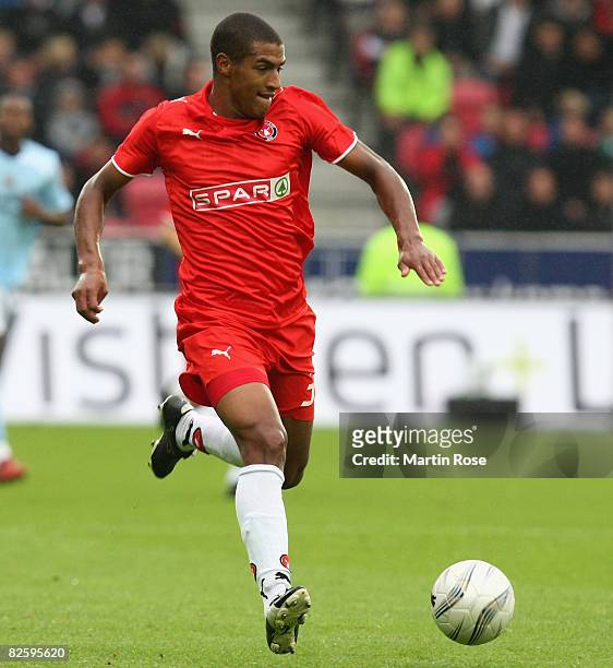 Kolja Afriyie of Midtjylland runs with the ball during the UEFA Cup 2nd qualifying round second leg match between Midtjylland and Manchester City at...