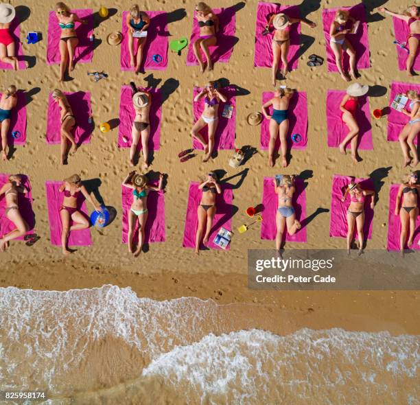 aerial shot of duplicated woman sunbathing on beach - badkläder bildbanksfoton och bilder