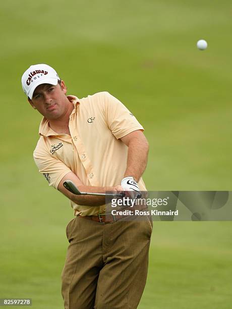Graeme McDowell of Northern Ireland on the par five 2nd hole during the second round of The Johnnie Walker Championship at Gleneagles on August 29,...