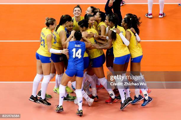 Players of Brazil celebrate during 2017 Nanjing FIVB World Grand Prix Finals between Brazil and Netherlands on August 3, 2017 in Nanjing, China.