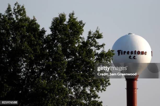 The Firestone Country Club water tower is seen in the morning during thei first round of the World Golf Championships - Bridgestone Invitational at...