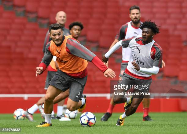 Sead Kolasinac and Ainsley Maitland-Niles of Arsenal during the Arsenal Training Session at Emirates Stadium on August 3, 2017 in London, England.