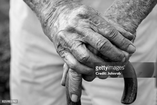 arthritischen händen auf zuckerrohr, schwarz / weiß fotografie. auf der suche nach unten blick auf händen - bruised finger stock-fotos und bilder