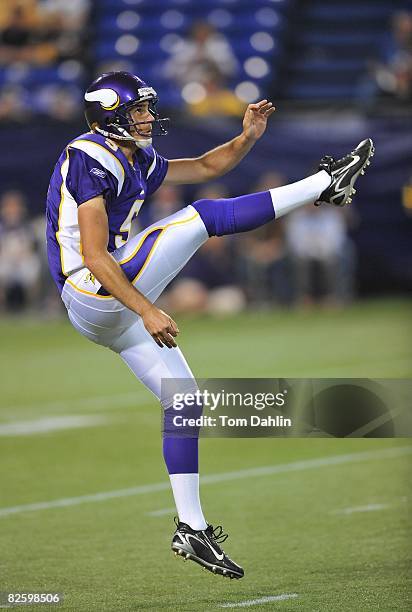 Chris Kluwe of the Minnesota Vikings punts during a preseason NFL game against the Pittsburgh Steelers at the Hubert H. Humphrey Metrodome, August...