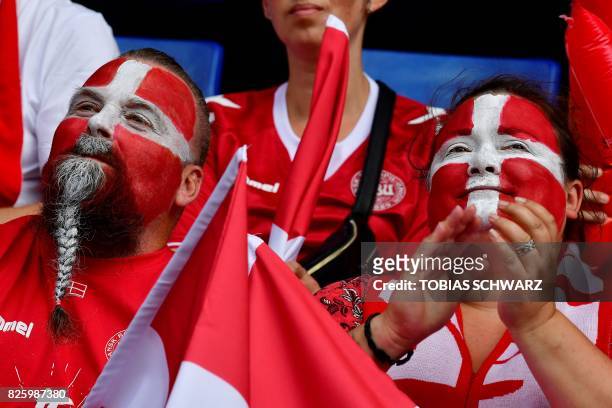 Denmark supporters cheer prior to the UEFA Womens Euro 2017 football tournament semi-final match between Denmark and Austria at the Rat Verlegh...