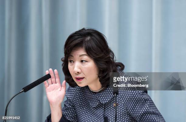 Seiko Noda, newly-appointed internal affairs and communications minister of Japan, gestures as she speaks during a news conference at the Prime...
