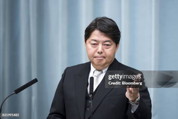 Yoshimasa Hayashi, newly-appointed education, culture, sports, science and technology minister of Japan, gestures during a news conference at the...
