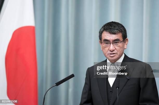 Taro Kono, newly-appointed foreign minister of Japan, speaks during a news conference at the Prime Minister's official residence in Tokyo, Japan, on...