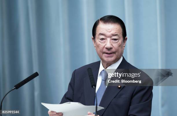 Tetsuma Esaki, newly-appointed Okinawa and Northern Territories Affairs minister of Japan, speaks during a news conference at the Prime Minister's...
