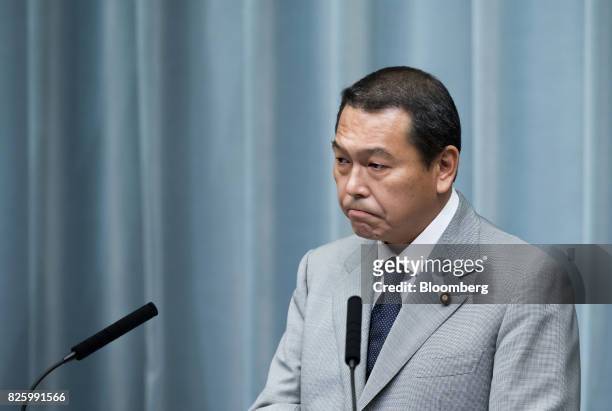 Hachiro Okonogi, newly-appointed chairman of the National Public Safety Commission, speaks during a news conference at the Prime Minister's official...
