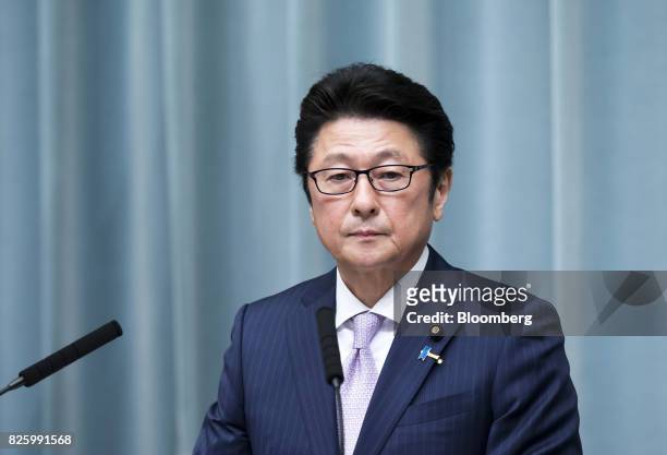 Masaji Matsuyama, newly-appointed minister in charge of promoting dynamic engagement of all citizens, speaks during a news conference at the Prime...
