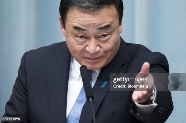 Hiroshi Kajiyama, newly-appointed regional revitalization minster of Japan, speaks during a news conference at the Prime Minister's official...