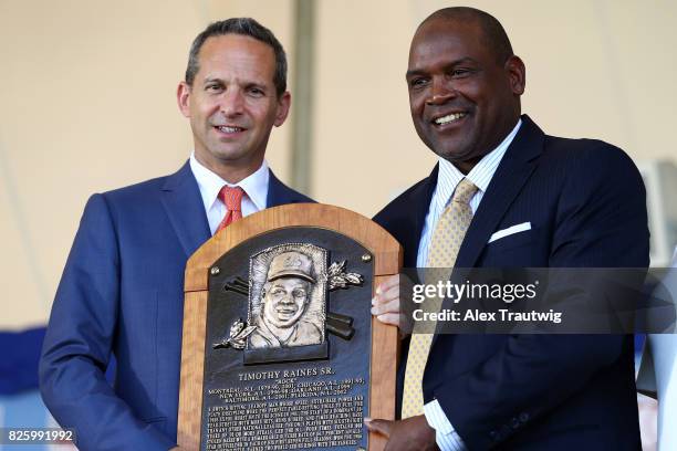 Inductee Tim Raines poses with National Baseball Hall of Fame and Museum President Jeff Idelson during the 2017 Hall of Fame Induction Ceremony at...