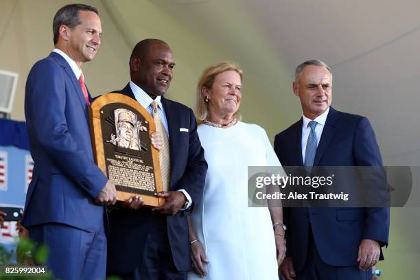 Inductee Tim Raines poses with National Baseball Hall of Fame and Museum President Jeff Idelson, National Baseball Hall of Fame and Museum Chairman...