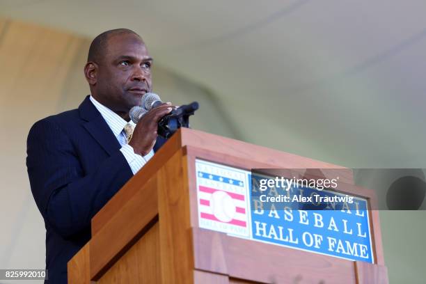 Inductee Tim Raines speaks during the 2017 Hall of Fame Induction Ceremony at the National Baseball Hall of Fame on Sunday July 30, 2017 in...