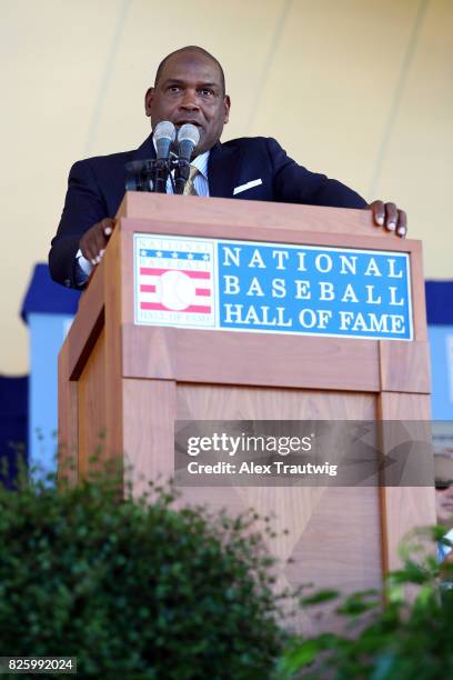 Inductee Tim Raines speaks during the 2017 Hall of Fame Induction Ceremony at the National Baseball Hall of Fame on Sunday July 30, 2017 in...