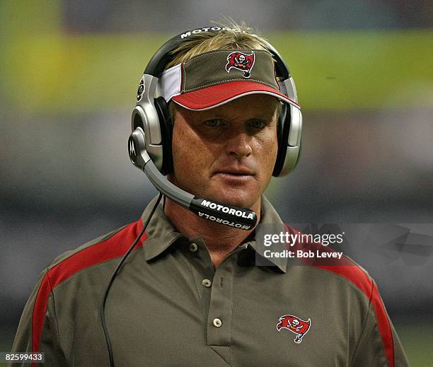 Head coach Jon Gruden of the Tampa Bay Buccaneers looks on from the sidelines during a football game against the Houston Texans Aug. 28, 2008 at...