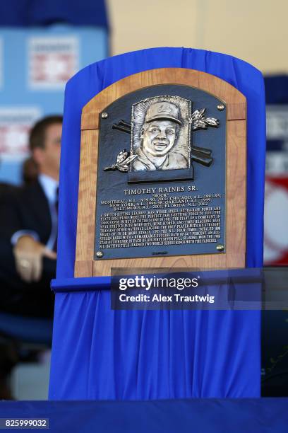 The plaque of inductee Tim Raines seen during the 2017 Hall of Fame Induction Ceremony at the National Baseball Hall of Fame on Sunday July 30, 2017...