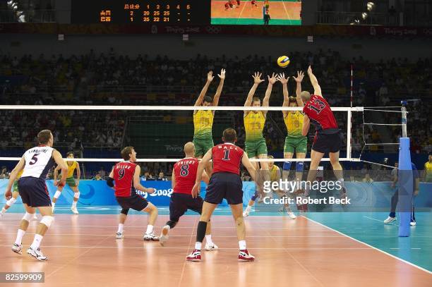 Summer Olympics: USA Clayton Stanley in action vs Brazil Dante Amaral , Gustavo Endres and Murilo Endres during Men's Gold Medal Match at Capital...