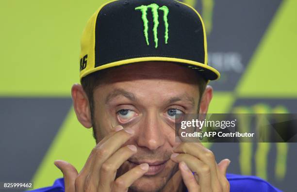 Movistar Yamaha MotoGP's Italian rider Valentino Rossi attends a press conference prior to the Moto GP Czech Grand Prix race in Brno, Czech Republic,...