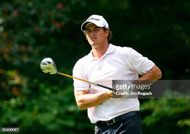 Adam Scott of Australia hits his tee shot during the first round of the Deutsche Bank Championship at the TPC Boston on August 29, 2008 in Norton,...
