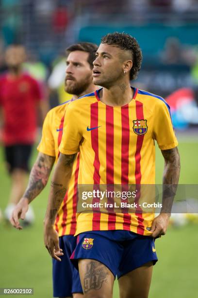 Neymar of Barcelona and Lionel Messi of Barcelona during warm ups during the International Champions Cup El Clásico match between FC Barcelona and...