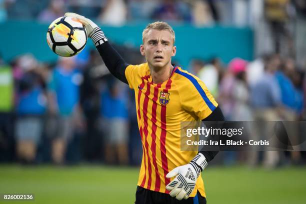 Jasper Cillessen of Barcelona throws the ball during the International Champions Cup El Clásico match between FC Barcelona and Real Madrid at the...