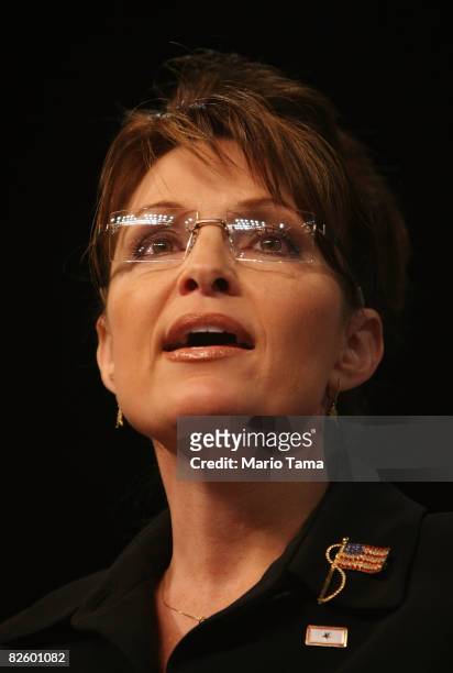 Alaska Gov. Sarah Palin speaks at a campaign rally for presumptive Republican presidential nominee John McCain August 29, 2008 in Dayton, Ohio....