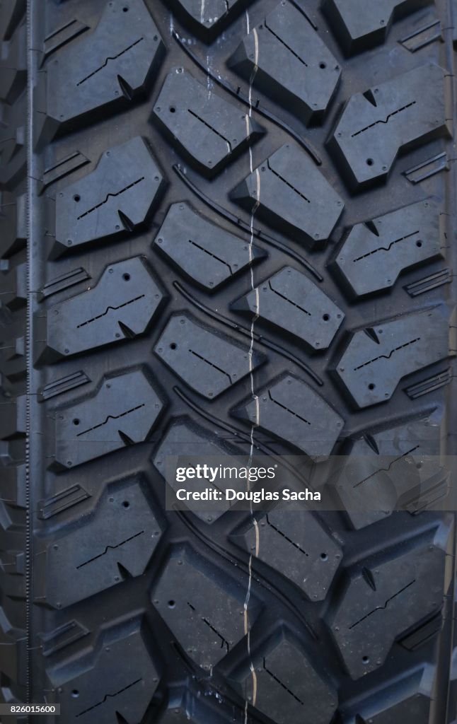 Close up of the treads on a tire