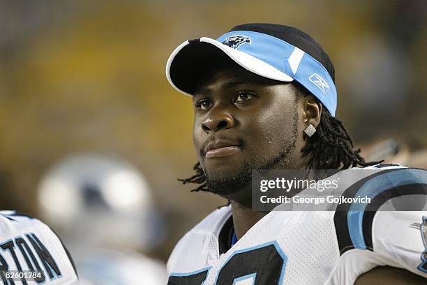 Offensive tackle Jeff Otah of the Carolina Panthers looks on from the sideline during a preseason game against the Pittsburgh Steelers at Heinz Field...