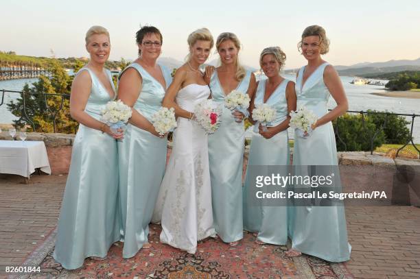 Cecilia Palmquist, Madeleine Larsson, Anna Anka, Lotta Lijla, Jessica Malmilof and Suzanne Erlandsson pose during the wedding at the Hotel Cala di...