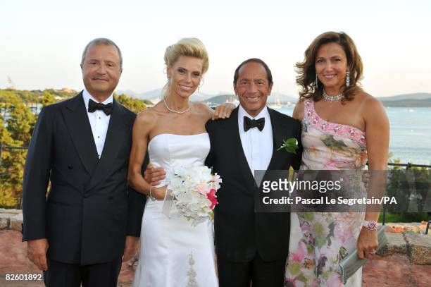 Bob Manoukian, Anna Anka, Paul Anka and Tamara Manoukian pose during the wedding at the Hotel Cala di Volpe Bay on July 26, 2008 in Porto Cervo,...