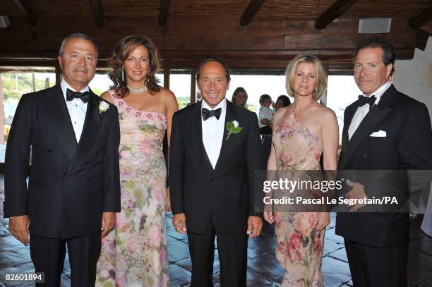 Bob Manoukian, Tamara manoukian, Paul Anka, Anna Anka, Serena Stanhope and David Armstrong-Jones, Viscount Linley pose during the wedding at the...