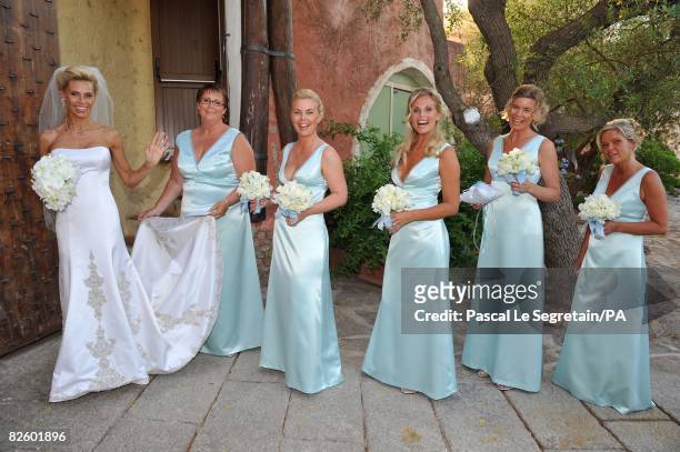 Anna Anka, Madeleine Larsson, Cecilia Palmquist, Lotta Lijla, Suzanne Erlandsson, Jessica Malmilof pose during the wedding at the Hotel Cala di Volpe...
