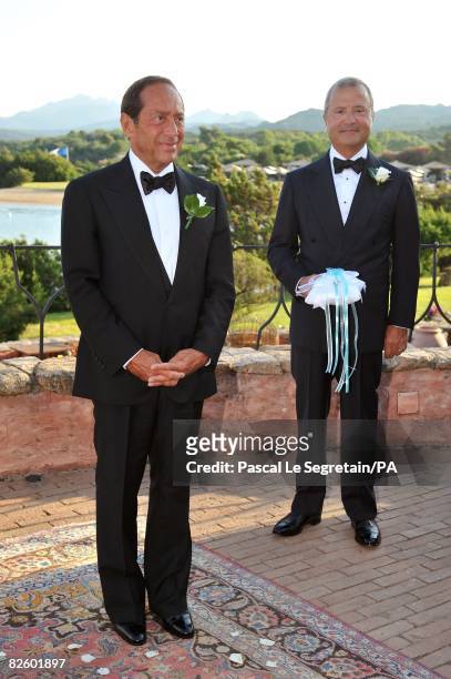 Singer Paul Anka waits for his bride Anna Anka next to Bob Manoukian during their wedding at Hotel Cala di Volpe on July 26, 2008 in Porto Cervo,...