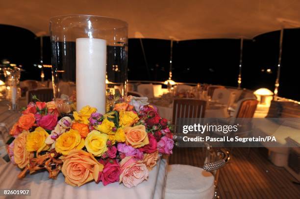 General view of the the yacht M.Y Siran, where the wedding of Singer Paul Anka and Anna Anka is celebrated at Cala di Volpe Bay on July 26, 2008 in...