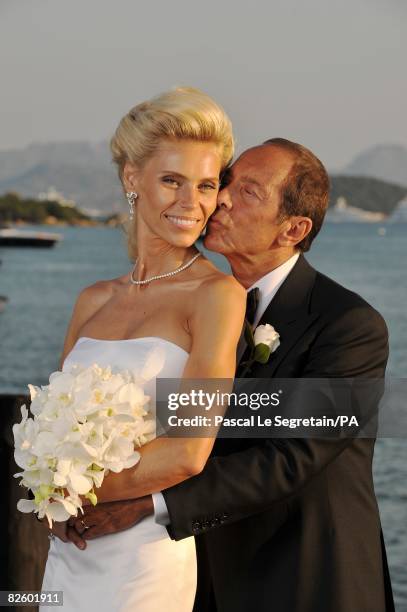 Singer Paul Anka and Anna Anka pose during their wedding at Hotel Cala di Volpe on July 26, 2008 in Porto Cervo, Sardinia, Italy.