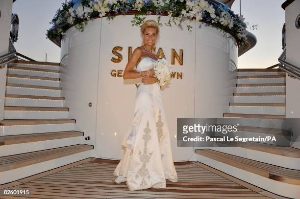 Anna Anka poses in her wedding dress during her wedding with Paul Anka on the yacht M.Y Siran on July 26, 2008 in Porto Cervo, Sardinia, Italy.