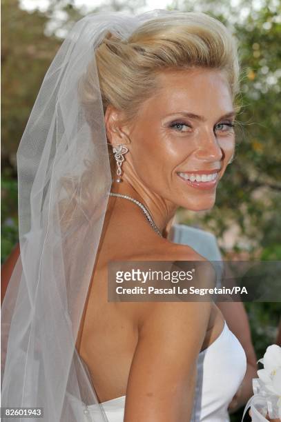 Anna Anka poses in her wedding dress before her wedding with Paul Anka celebrated in front of the yacht M.Y Siran docked at Cala di Volpe Bay on July...