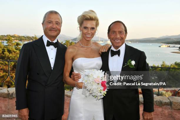 Bob Manoukian, Anna Anka and Paul Anka pose during the wedding at the Hotel Cala di Volpe Bay on July 26, 2008 in Porto Cervo, Sardinia, Italy.