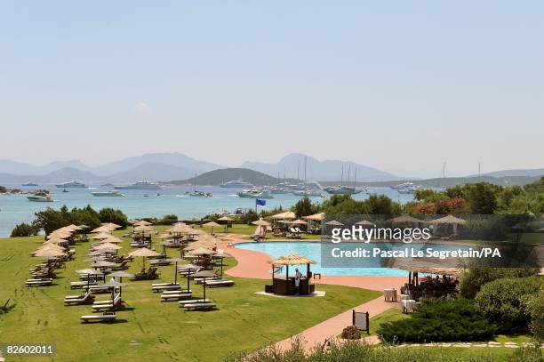 General view of the Hotel Cala di Volpe, where the wedding of Singer Paul Anka and Anna Anka is celebrated at Cala di Volpe Bay on July 26, 2008 in...